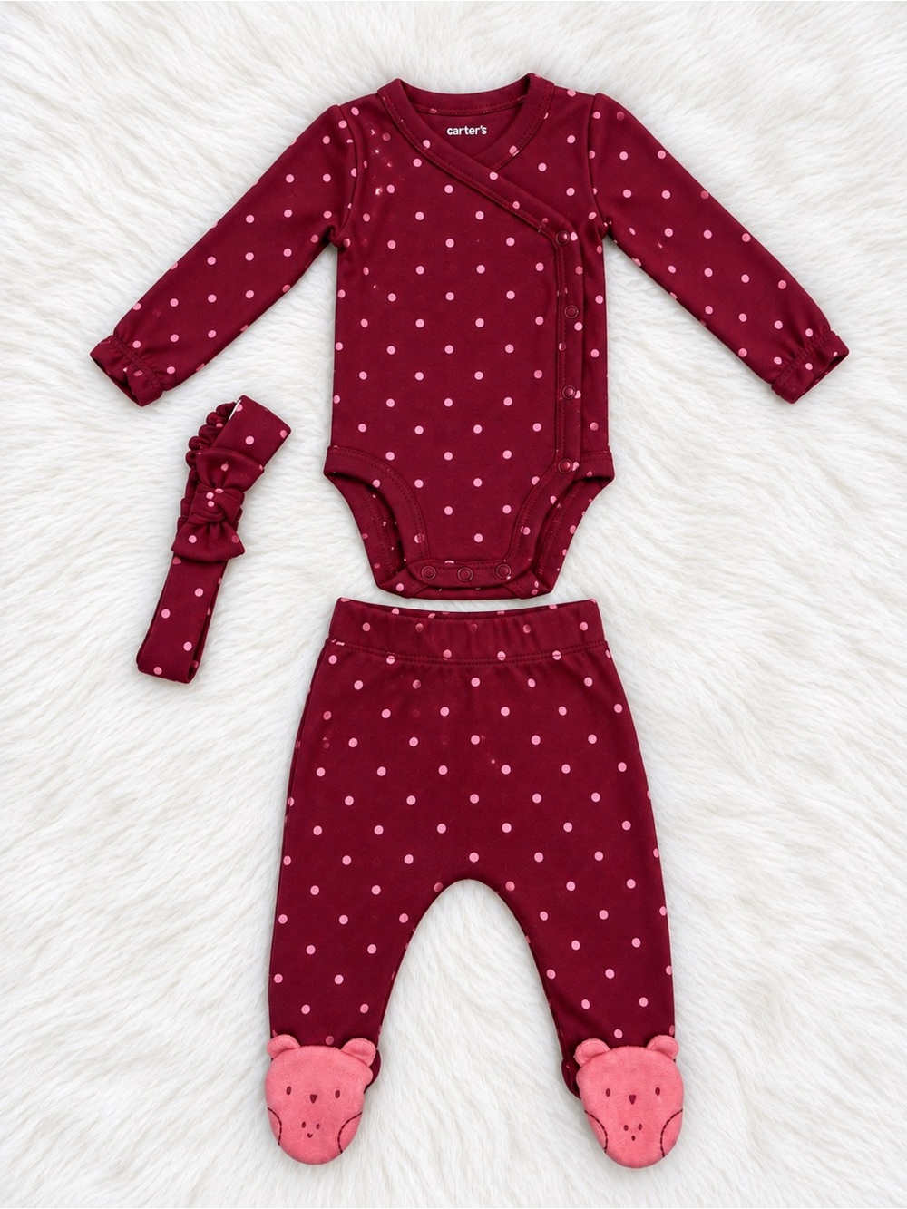 Carter's Maroon and Pink Polka Dot Baby Set with Headband